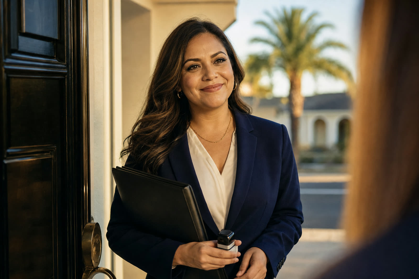 Mobile notary arriving at a client's front door in Southern California