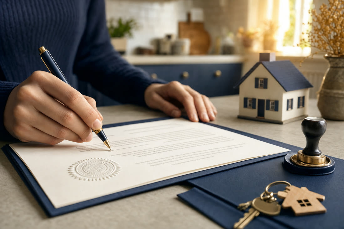 Loan documents being signed with a notary seal and stamp on the table