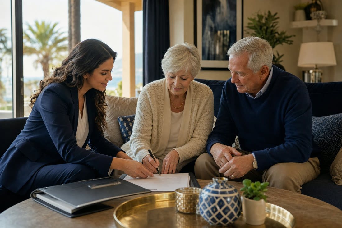 A mobile notary notarizing documents with a couple in their living room